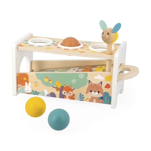 Janod Pure Tap Pastel Wooden Xylophone Pounding Bench with Cherry Wood Balls Bee Shaped Hammer for Ages 12 Months J05155 - Image 5