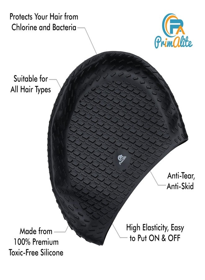 Primalite طقم سباحة PrimAlite - نظارات سباحة وقبعة سباحة، مشبك أنف، سدادات أذن، وحافظة - مصنوع من السيليكون المقاوم للانزلاق على النظارات والقبعة، مضاد للضباب، حماية من الأشعة فوق البنفسجية، مناسب للشعر الطويل - للبالغين من الرجال والنساء - إصدار أسود - Image 4