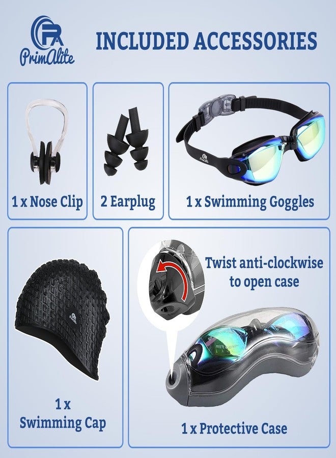 Primalite طقم سباحة PrimAlite - نظارات سباحة وقبعة سباحة، مشبك أنف، سدادات أذن، وحافظة - مصنوع من السيليكون المقاوم للانزلاق على النظارات والقبعة، مضاد للضباب، حماية من الأشعة فوق البنفسجية، مناسب للشعر الطويل - للبالغين من الرجال والنساء - إصدار أسود - Image 2