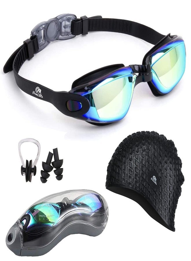 Primalite طقم سباحة PrimAlite - نظارات سباحة وقبعة سباحة، مشبك أنف، سدادات أذن، وحافظة - مصنوع من السيليكون المقاوم للانزلاق على النظارات والقبعة، مضاد للضباب، حماية من الأشعة فوق البنفسجية، مناسب للشعر الطويل - للبالغين من الرجال والنساء - إصدار أسود - Image 1
