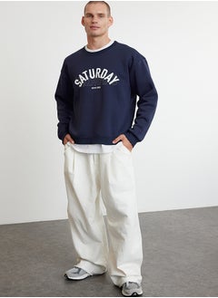 trendyol Navy Blue Oversize/Wide Cut Text Printed Sweatshirt TMNAW25SW00089  - Image 2
