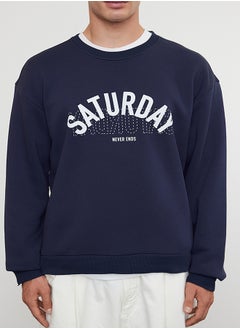 trendyol Navy Blue Oversize/Wide Cut Text Printed Sweatshirt TMNAW25SW00089  - Image 3