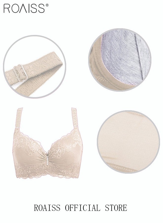 roaiss Women's Lace Bra Push Up Cotton Daily Underwire Leisure Comfort Breathable Soft Bras Sweet Romantic Ultra-Thin Underwear Lingerie Underclothes Beige  - Image 1