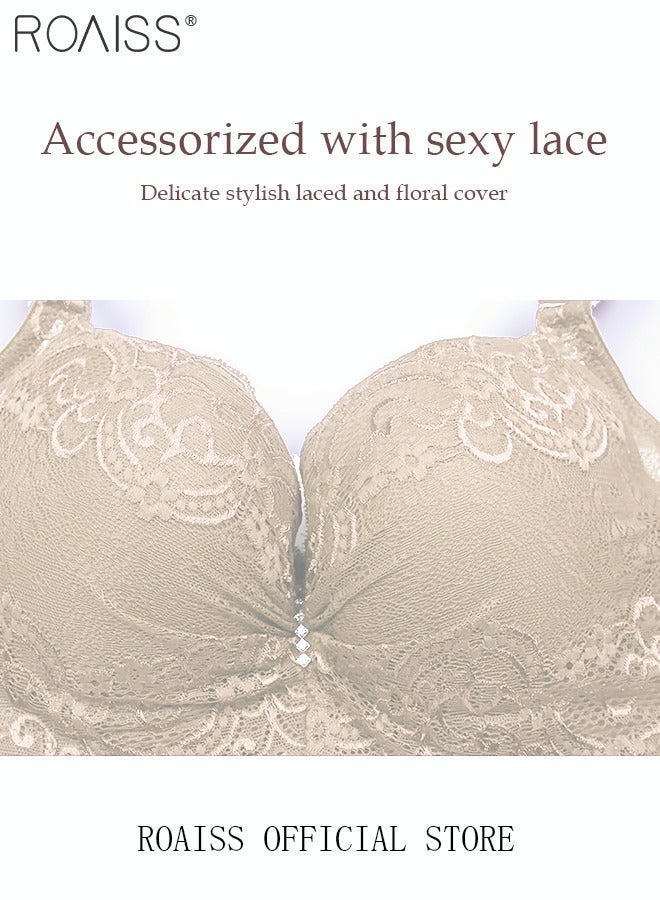 roaiss Women's Lace Bra Push Up Cotton Daily Underwire Leisure Comfort Breathable Soft Bras Sweet Romantic Ultra-Thin Underwear Lingerie Underclothes Purplish Beige - Image 2