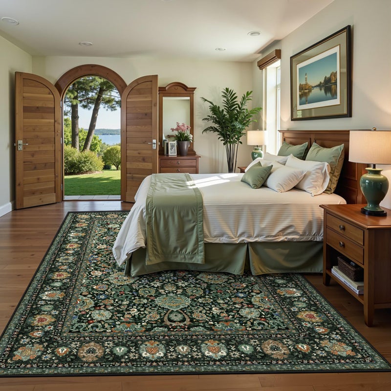 Deerly 6x9 Vintage Rugs for Dining Room, Washable Rugs Non Slip Large Area Rug for Living Room Bedroom Office, Floor Decoration Big Rug Low-Pile Kid & Pet Friendly(Dark Green - Image 1