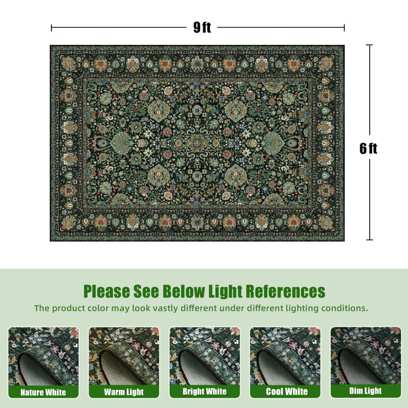 Deerly 6x9 Vintage Rugs for Dining Room, Washable Rugs Non Slip Large Area Rug for Living Room Bedroom Office, Floor Decoration Big Rug Low-Pile Kid & Pet Friendly(Dark Green - Image 3