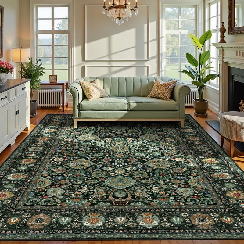 Deerly 6x9 Vintage Rugs for Dining Room, Washable Rugs Non Slip Large Area Rug for Living Room Bedroom Office, Floor Decoration Big Rug Low-Pile Kid & Pet Friendly(Dark Green - Image 2