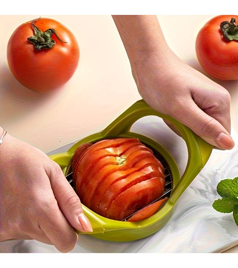 Stainless Steel Manual Tomato Vegetable Slicer With Ergonomic Green Handle 1pc - Image 1