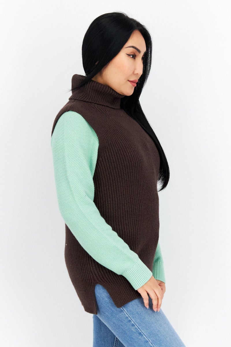 COMMA Women Mock Neck Sleeveless Textured Sweater, Brown - Image 2