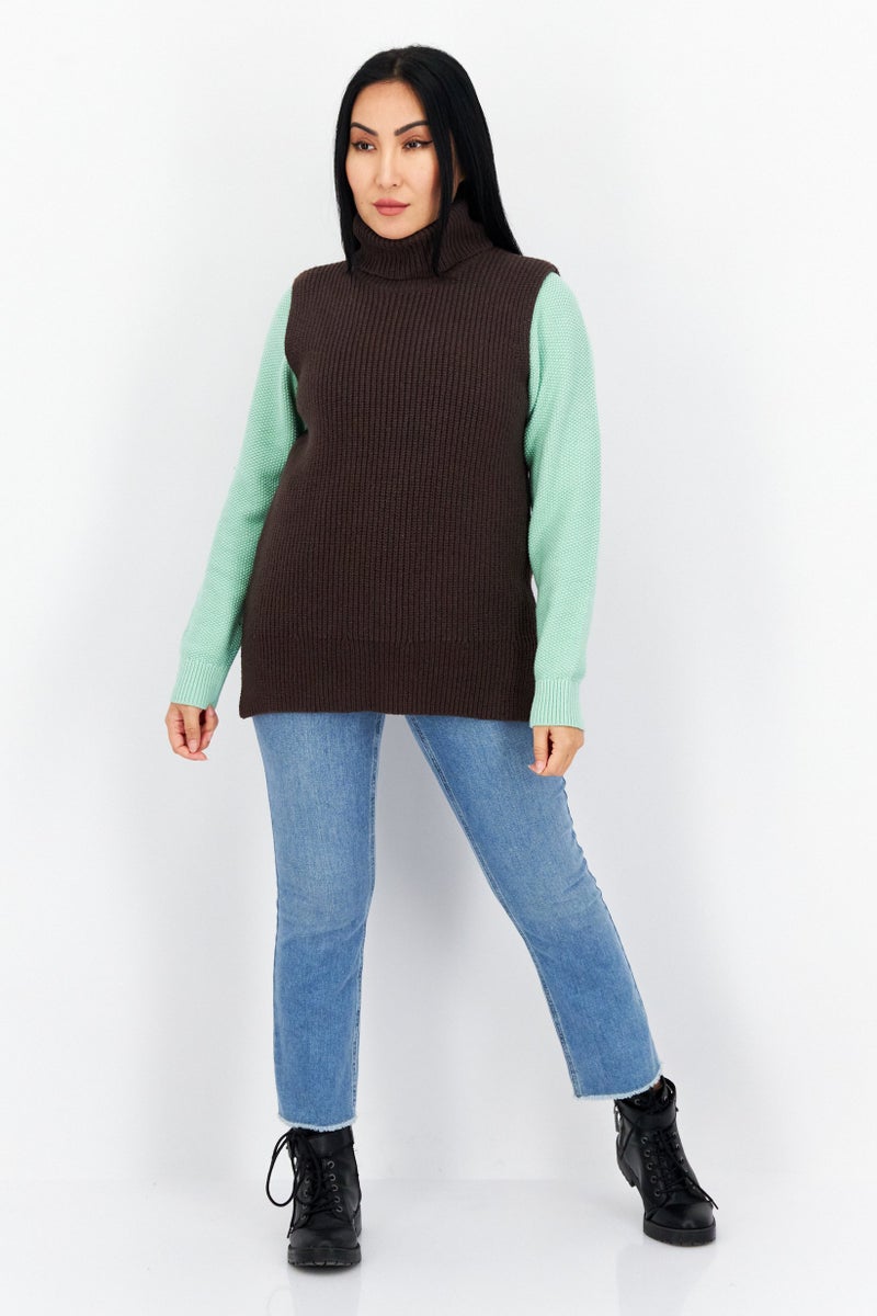 COMMA Women Mock Neck Sleeveless Textured Sweater, Brown - Image 4