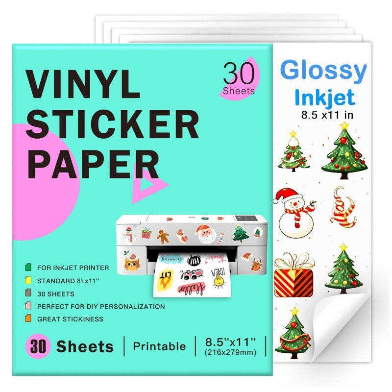 Ruibytree Printable Vinyl Sticker Paper for Inkjet Printer-30 Sheets Glossy White 8.5" x 11" Waterproof Labels Paper, Dries Quickly, Vivid Colors, Tear Resistant, DIY Christmas Stickers - Image 1