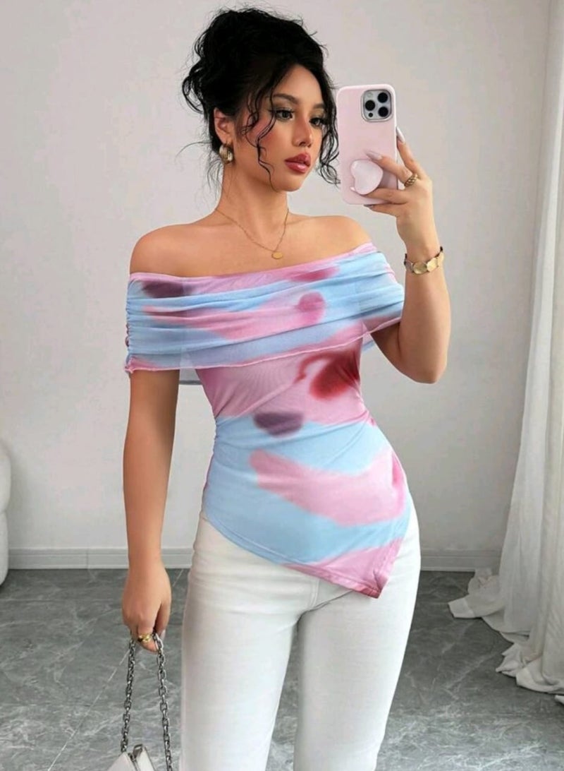 Shein SHEIN Style Casual Mesh Off Shoulder BLOUSEWith Wave Hem Asymmetrical Hemline  - Image 2