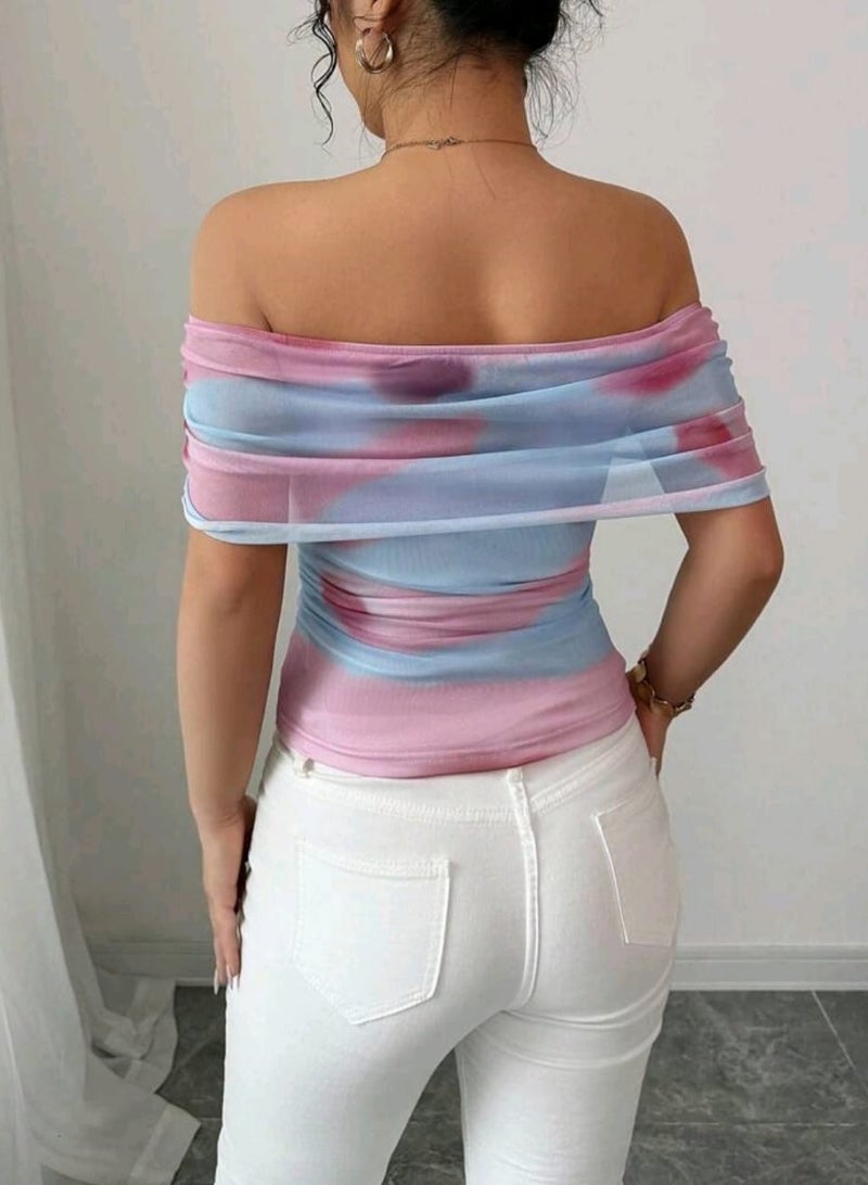 Shein SHEIN Style Casual Mesh Off Shoulder BLOUSEWith Wave Hem Asymmetrical Hemline  - Image 5