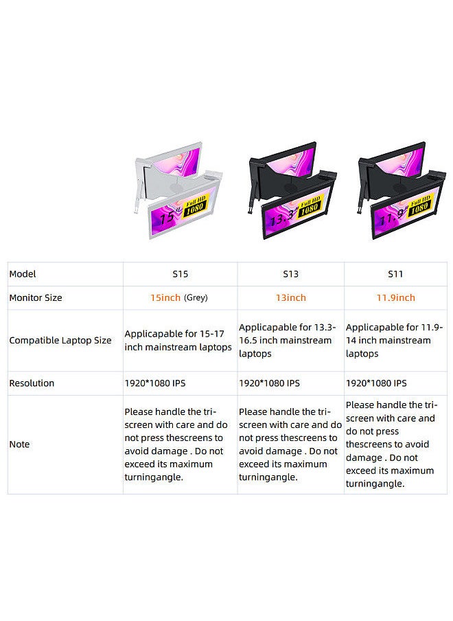 Generic - 15 inch Portable Triple-screen Monitor Laptop Expansion Screen 1920*1080 Resolution Easy Installation for 15-17 inch Laptop - Image 1