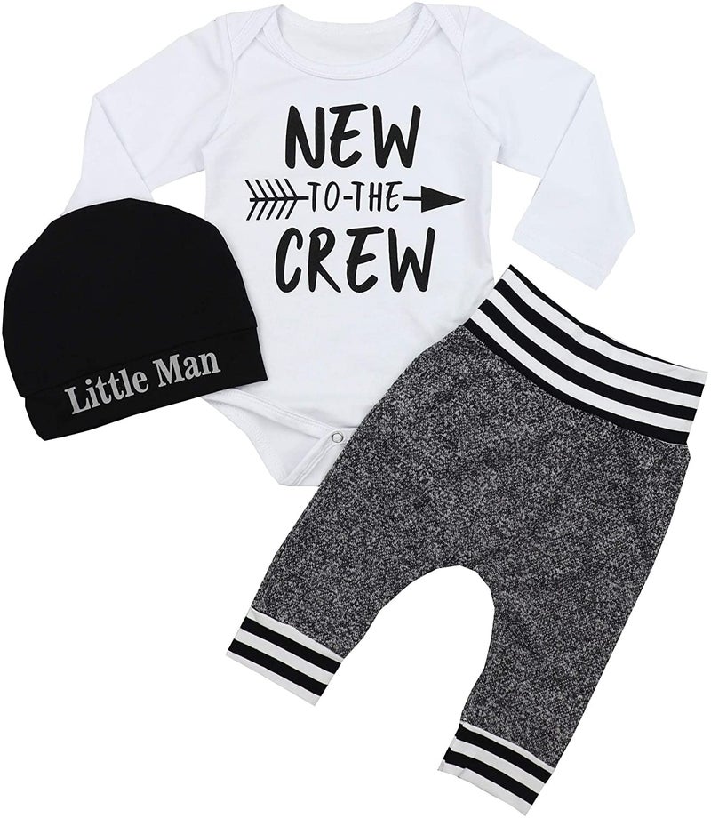 Fommy Baby Boy Clothes 0-3 Months Baby Clothes Boy New to The Crew Print Romper Pants Hat 3PCS Baby Boy Outfits White - Image 1
