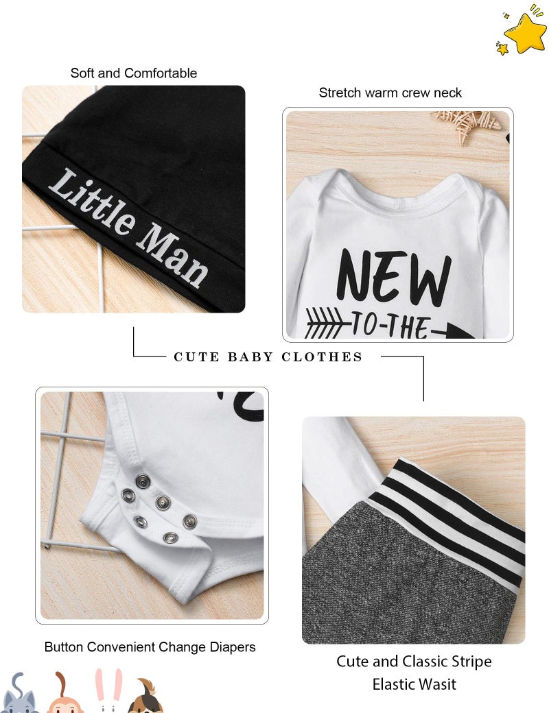 Fommy Baby Boy Clothes 0-3 Months Baby Clothes Boy New to The Crew Print Romper Pants Hat 3PCS Baby Boy Outfits White - Image 5