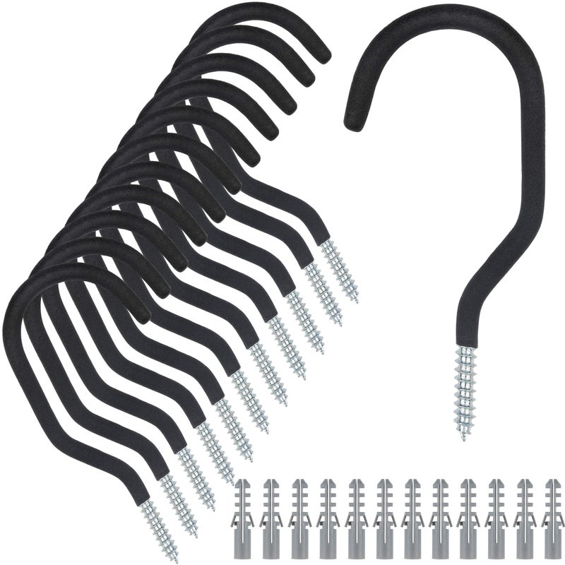 KURUI Heavy Duty Screw in Hooks for Hanging 12 Pack Bike Hooks for Garage Wall with Screw Anchors Wall Mount Bicycle Storage for Ceiling Large Black Plant Hooks for Ceiling