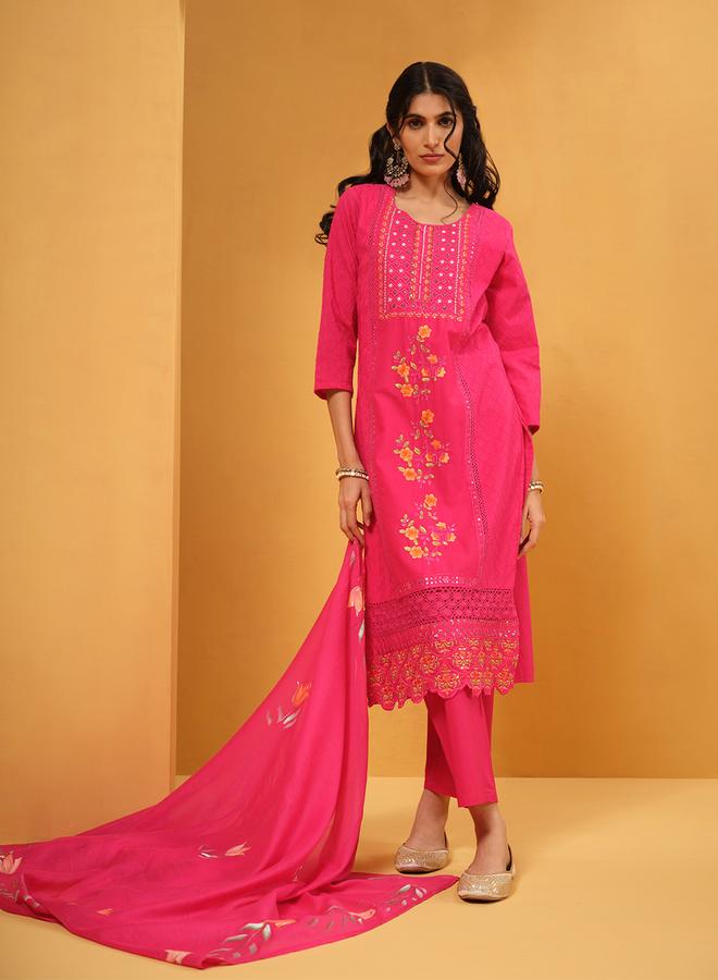 ISHIN Women's Pink Cotton Embroidered Tunic Upperwear Calf Length Palazzo Bottomwear Straight Fit 3 Peice Kurta Set - Image 1
