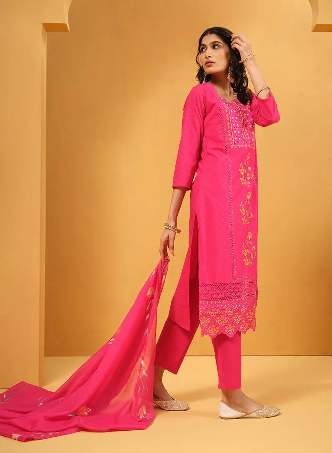 ISHIN Women's Pink Cotton Embroidered Tunic Upperwear Calf Length Palazzo Bottomwear Straight Fit 3 Peice Kurta Set