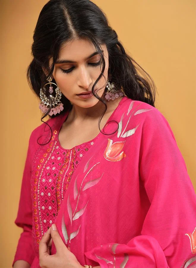 ISHIN Women's Pink Cotton Embroidered Tunic Upperwear Calf Length Palazzo Bottomwear Straight Fit 3 Peice Kurta Set