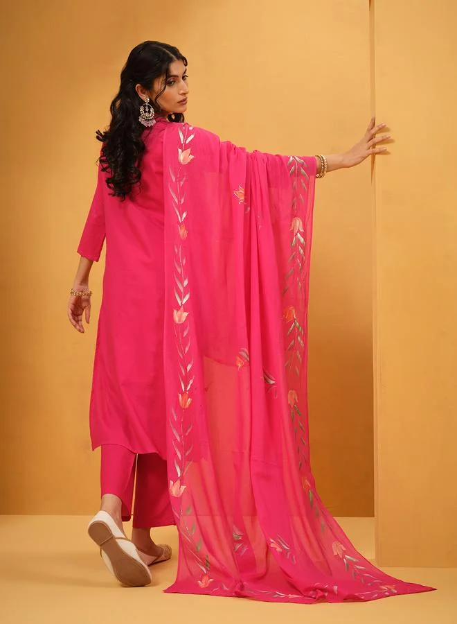 ISHIN Women's Pink Cotton Embroidered Tunic Upperwear Calf Length Palazzo Bottomwear Straight Fit 3 Peice Kurta Set