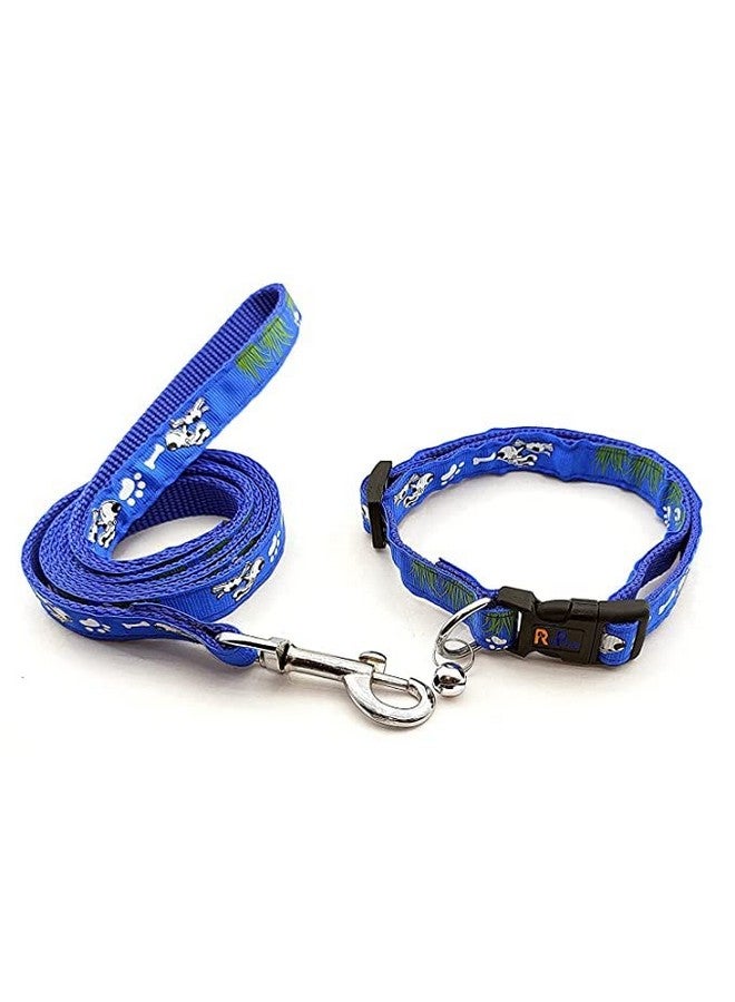 Pet 15 Mm Collar And Leash Set Printed - Adjustable Nylon Collar With Bell For Small And Medium Dogs, Quick Release And Breathable Collar And Leash Set For Puppies, Dog & Cat (Blue, Pattern-3) - Image 1