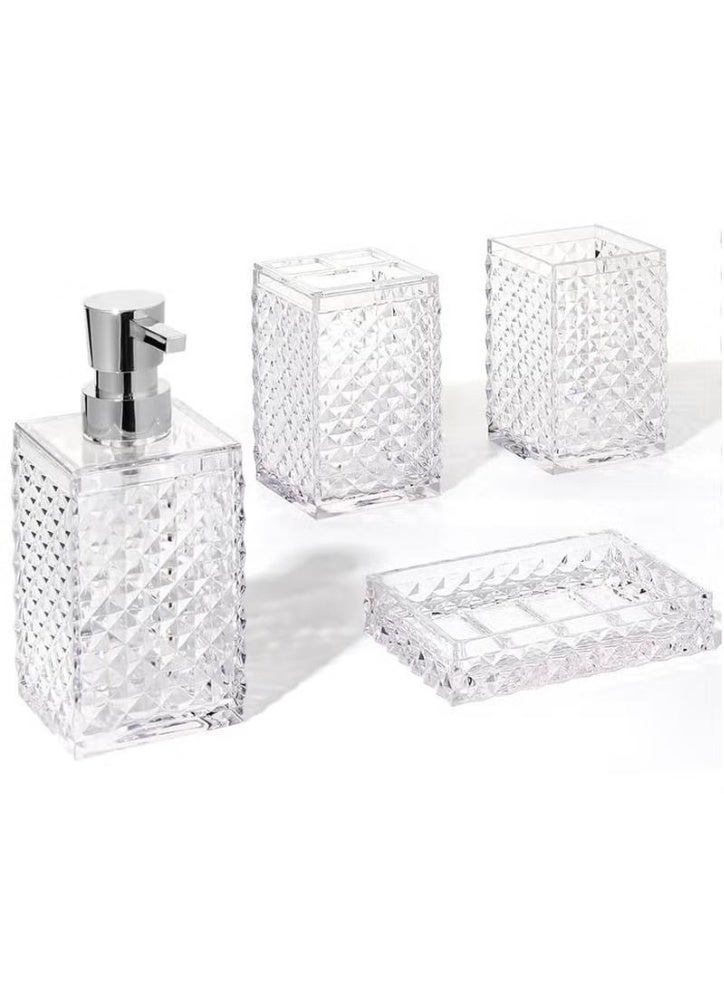 Bathroom Accessories Set, 4Pcs Square Plastic Diamond Bathroom Sets with Toothbrush Holder,Toothbrush Cup,Soap/Lotion Dispenser, Bohemian Modern Bathroom Decor（White） - Image 1