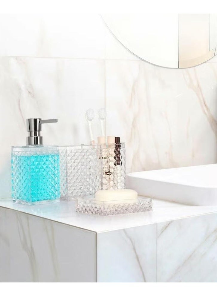 Bathroom Accessories Set, 4Pcs Square Plastic Diamond Bathroom Sets with Toothbrush Holder,Toothbrush Cup,Soap/Lotion Dispenser, Bohemian Modern Bathroom Decor（White） - Image 3