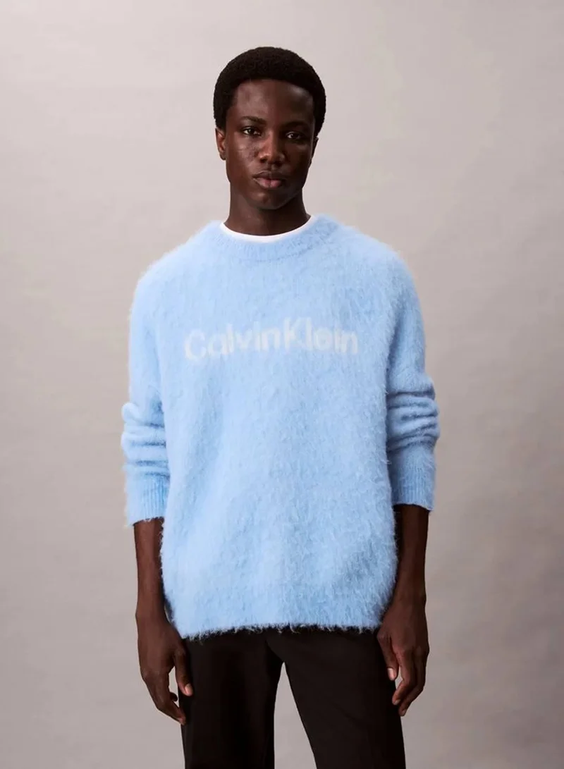 Calvin Klein Jeans Track Blue Brushed Alpaca Wool Blend Monogram Logo Sweater for Men | Best Price UAE