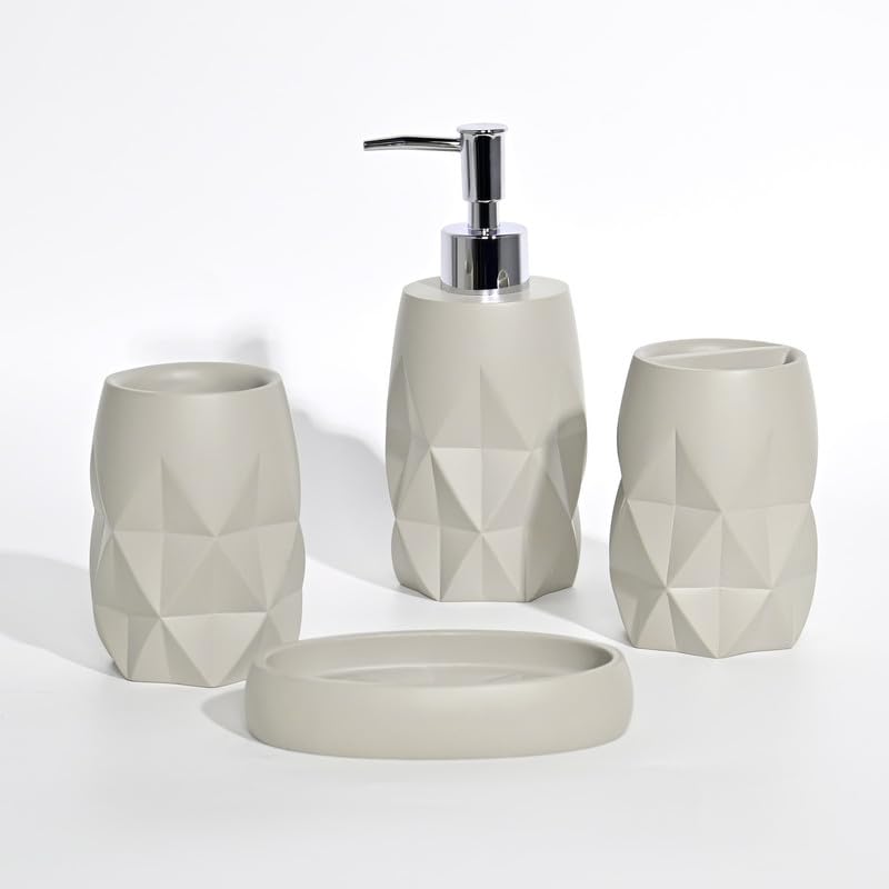 PLIO Bathroom Accessories Set of 4 Modern Bath Set with Liquid handwash Soap Dispenser and Toothbrush Holder Luxury Gift Accessory for Home Grey 2