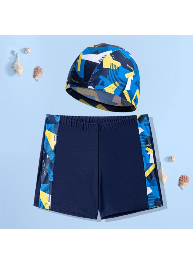 Loquat Children's Swimming Trunks Boys Swimming Trunks Swimming Cap Suit Cartoon Printing Lace-up Swimming Trunks Flat Angle Swimming Trunks Children's Swimming Cap-Color:Yellow Lattice Camouflage Trunks S - Image 1