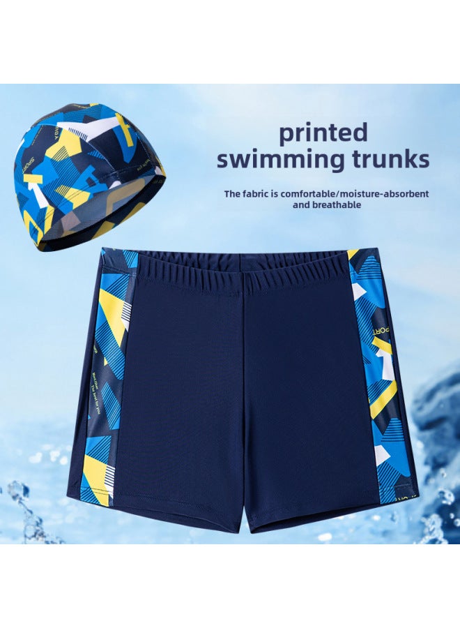 Loquat Children's Swimming Trunks Boys Swimming Trunks Swimming Cap Suit Cartoon Printing Lace-up Swimming Trunks Flat Angle Swimming Trunks Children's Swimming Cap-Color:Yellow Lattice Camouflage Trunks S - Image 3