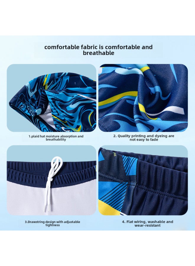 Loquat Children's Swimming Trunks Boys Swimming Trunks Swimming Cap Suit Cartoon Printing Lace-up Swimming Trunks Flat Angle Swimming Trunks Children's Swimming Cap-Color:Yellow Lattice Camouflage Trunks S - Image 5