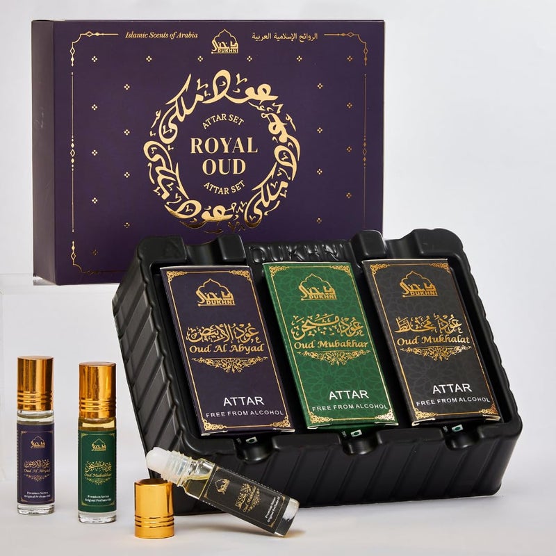 DUKHNI Royal Oud Attar Oil Set by Dukhni Pure original Oudh oil Islamic fragrances Eid Ramadan gifts for men and women 3 assorted mini roll on perfume scents x 6ml Arabic oudh oil arab perfume - Image 1