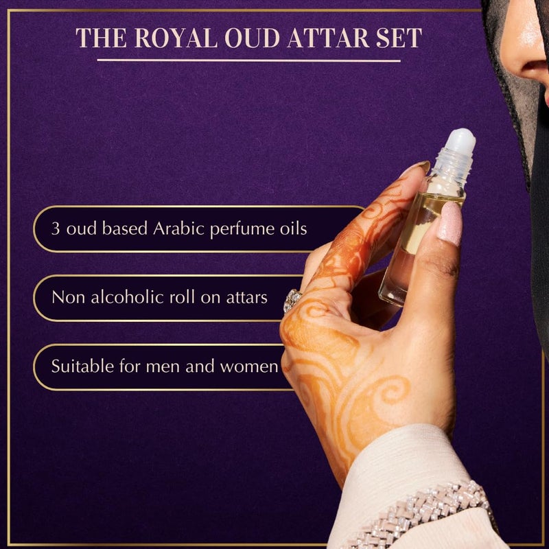 DUKHNI Royal Oud Attar Oil Set by Dukhni Pure original Oudh oil Islamic fragrances Eid Ramadan gifts for men and women 3 assorted mini roll on perfume scents x 6ml Arabic oudh oil arab perfume - Image 2