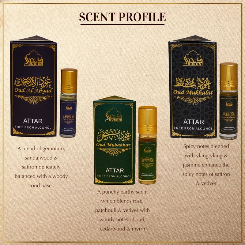 DUKHNI Royal Oud Attar Oil Set by Dukhni Pure original Oudh oil Islamic fragrances Eid Ramadan gifts for men and women 3 assorted mini roll on perfume scents x 6ml Arabic oudh oil arab perfume - Image 3