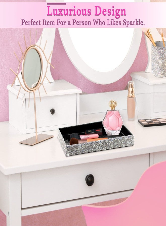 TISHAA Bling Decorative Tray Holder - Makeup Cosmetic Jewelry Ring Key Display Dish Plate Storage Organizer Crystal Rhinestone Glitter Vanity Bathroom Bedroom Home Decor (White) - Image 4