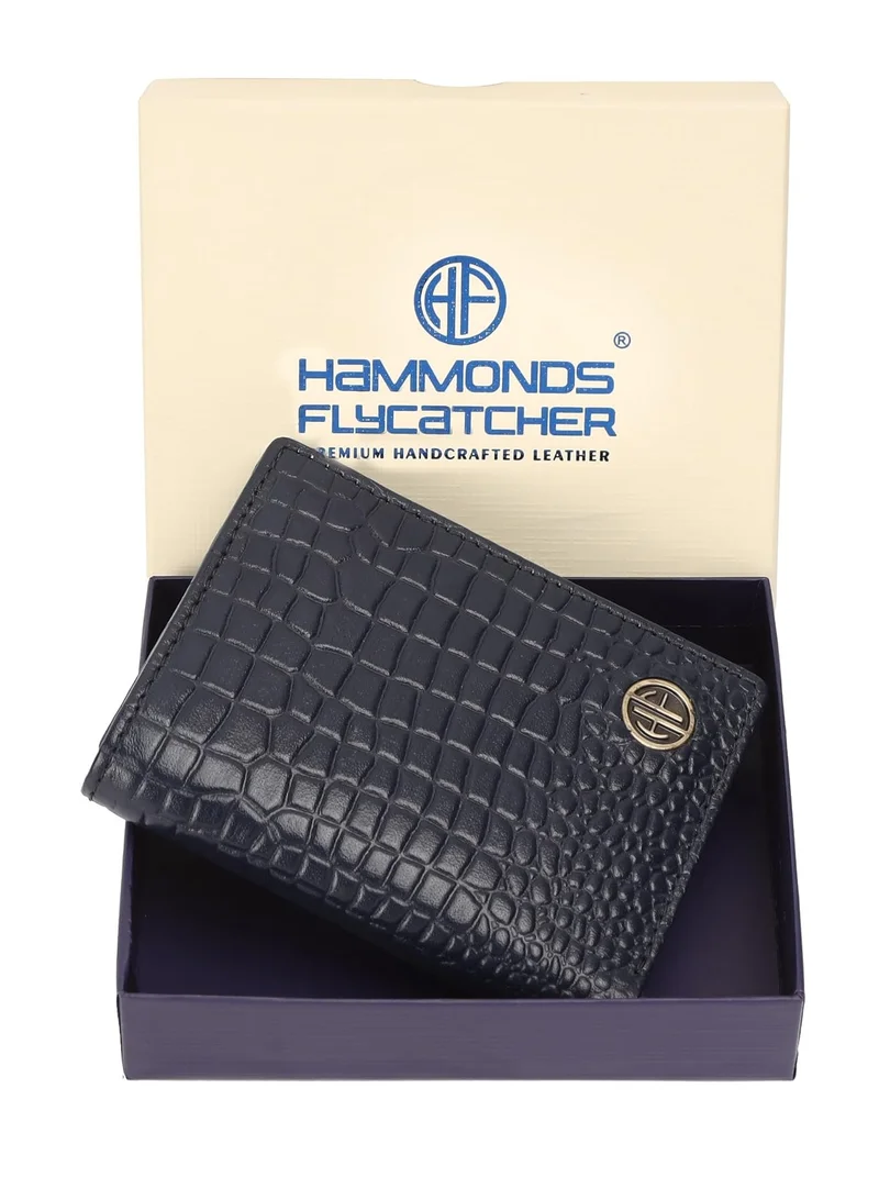 Hammonds Flycatcher  Leather Wallet for Men, RFID Protected Leather Purse for Men, Money Purse for Men, Tri-Fold Wallet, 5 Card Slots, 2 ID Slots, Hidden Pockets, Metal Snap Button, Croc Blue | JLX5  | Best Price UAE