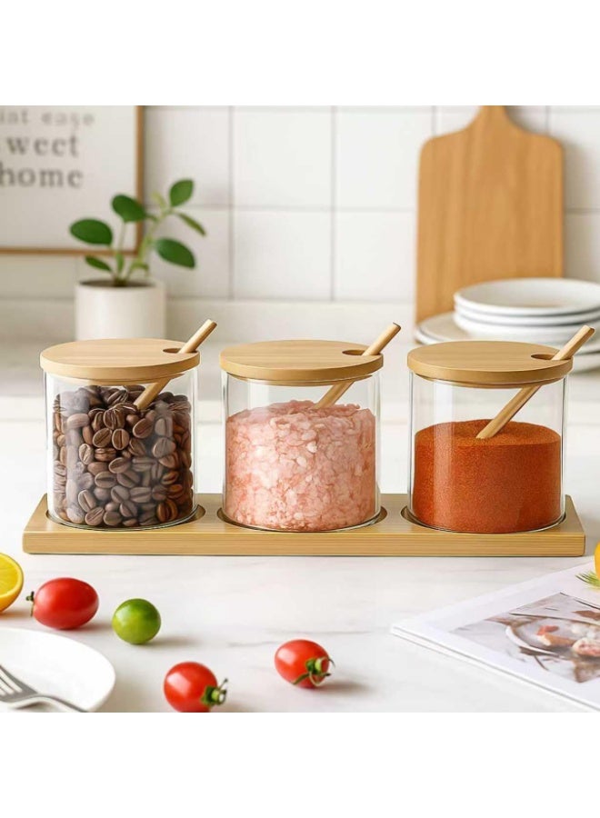 برطمانات توابل زجاجية مع ملاعق وأغطية خشبية، عبوات توابل سعة 300 مل مع قاعدة، وعاء سكر شفاف، وعاء ملح كلاسيكي للملح والسكر والفلفل والقهوة - Image 1