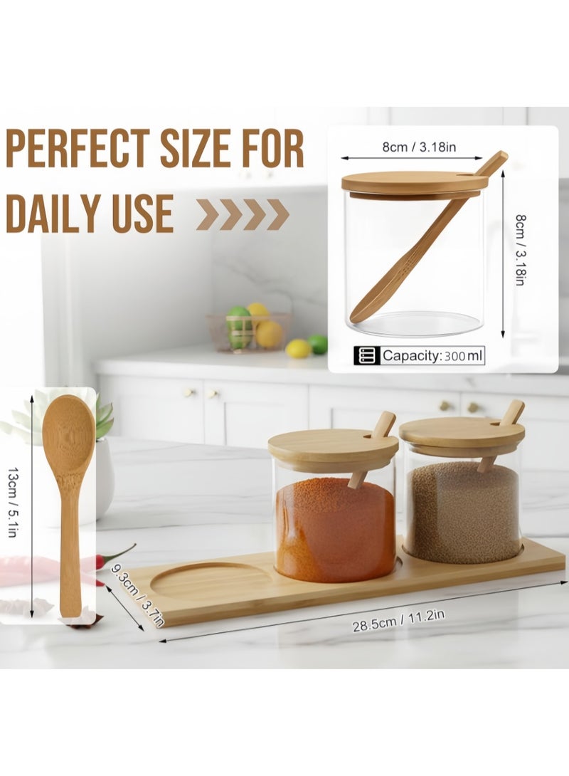 برطمانات توابل زجاجية مع ملاعق وأغطية خشبية، عبوات توابل سعة 300 مل مع قاعدة، وعاء سكر شفاف، وعاء ملح كلاسيكي للملح والسكر والفلفل والقهوة - Image 3
