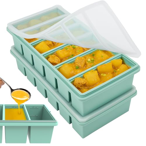 CyhHave 1/2 Cup Silicone Freezer Molds with Lid, Soup Container Style Ice Cube Trays for Freezer - Reinforced Steel Ring Top for freezing Soup Sauce Broth Leftovers, Dishwasher & Oven Safe, BPA Free 2 Pack - Image 1