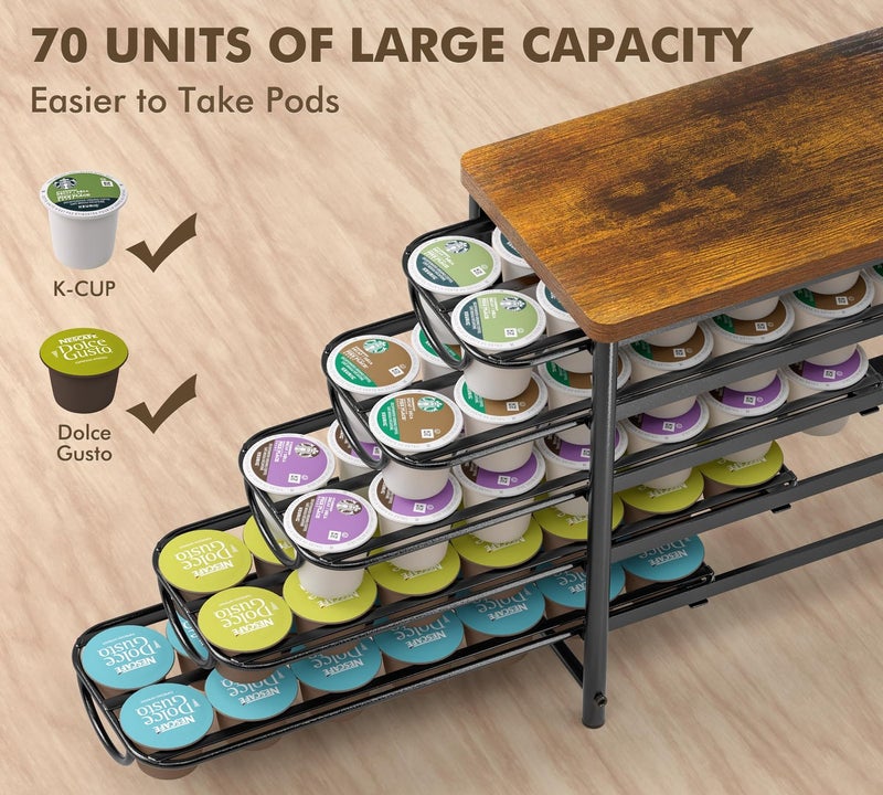 HFHOME Coffee Pod Holder with Wooden Top, Compatible with K-Cups, 5-Tier Coffee Capsule Storage Drawer, 70 Capacity Pods Organizer with 3 Mug Holders, for Home, Office, Kitchen Counter, Black - Image 2
