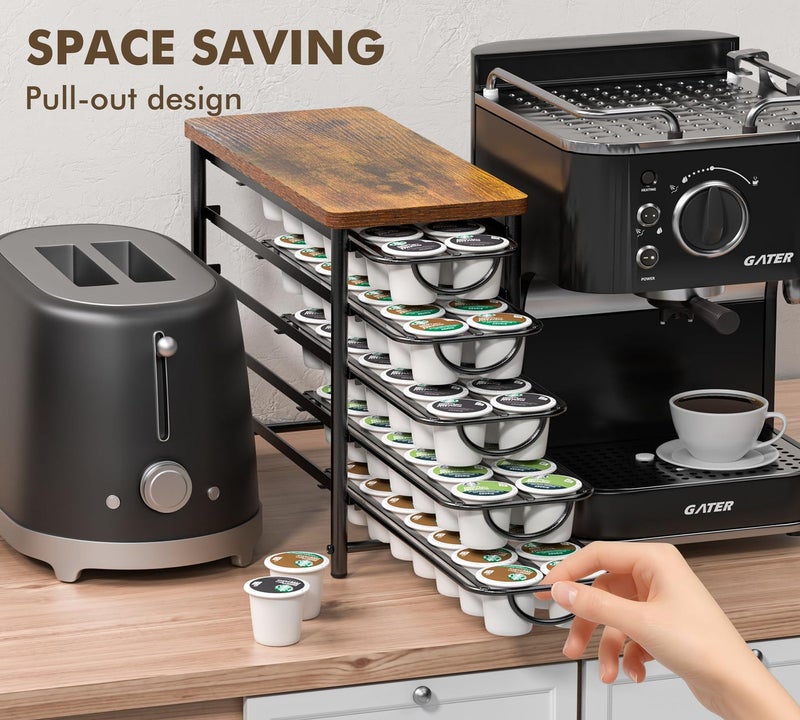 HFHOME Coffee Pod Holder with Wooden Top, Compatible with K-Cups, 5-Tier Coffee Capsule Storage Drawer, 70 Capacity Pods Organizer with 3 Mug Holders, for Home, Office, Kitchen Counter, Black - Image 3