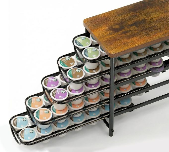 HFHOME Coffee Pod Holder with Wooden Top, Compatible with K-Cups, 5-Tier Coffee Capsule Storage Drawer, 70 Capacity Pods Organizer with 3 Mug Holders, for Home, Office, Kitchen Counter, Black - Image 1