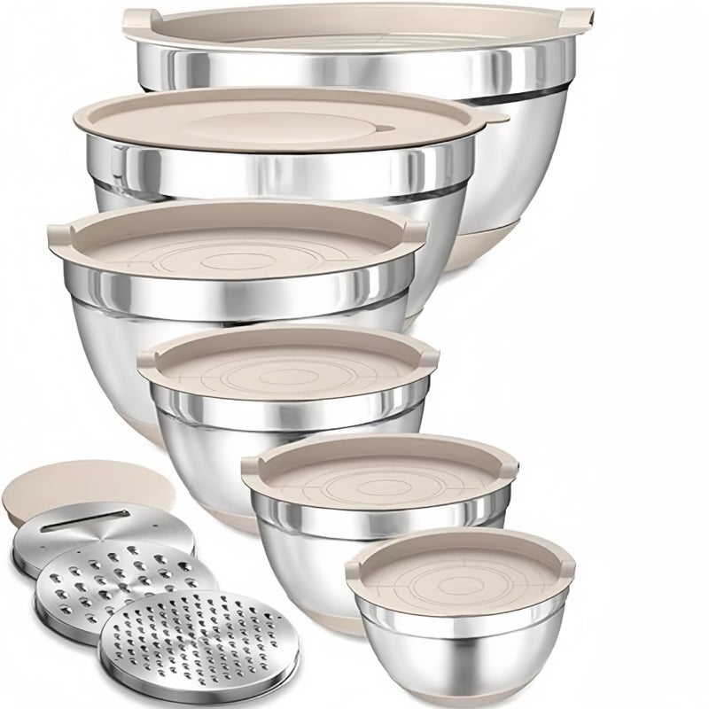 Stainless Steel Mixing Bowl Set with Non-Slip Base, Lid, Grater and Egg Whisk - Image 1