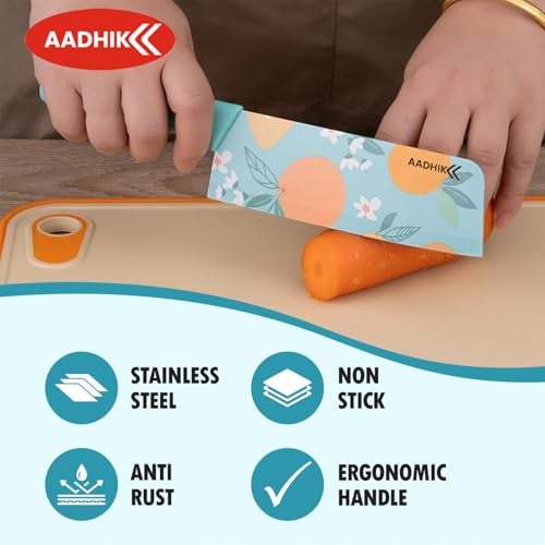 AADHIK Stainless Steel Knife Set of 3,Blue Printed Premium Knives for Kitchen, Cutting Vegetables, Fruits, Meat, Dryfruits, Multipurpose (Blue) - Image 2