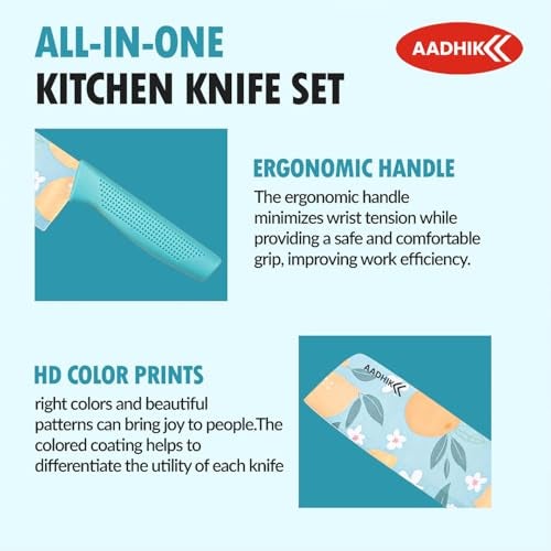 AADHIK Stainless Steel Knife Set of 3,Blue Printed Premium Knives for Kitchen, Cutting Vegetables, Fruits, Meat, Dryfruits, Multipurpose (Blue) - Image 3