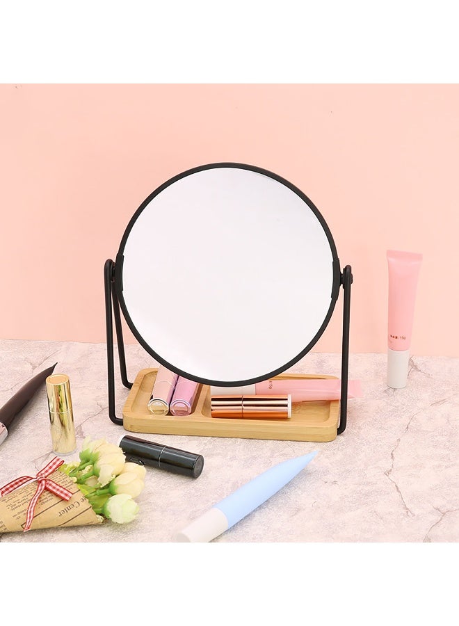 Tabletop Mount Mirror, Rotatable Makeup Mirror with Rectangle Bamboo Tray, 1x u0026 2x Magnification Dressing Mirror for Dressing Table, Bedroom, Living Room - Image 1
