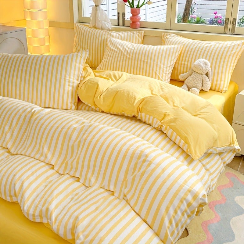 4pcs Set of Thickened Colorful Striped Duvet Cover Set for All Seasons (1 Duvet Cover + 2 Pillowcases + 1 Bed Sheet, No Pillows, No Comforter), Bedding, Soft And Delicate, Breathable And Sweat-Wicking, Easy And Elegant, Machine Washable - Image 2