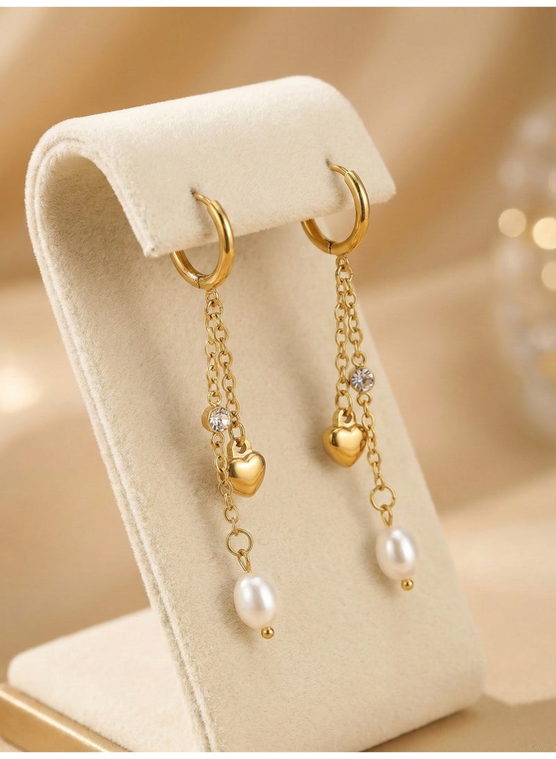 Trendyoom Gold Stainless Steel Heart Stud Drop Earrings with Elegant Heart, Sparkling Stone & Delicate Pearl – Romantic Sophisticated Design - Image 2
